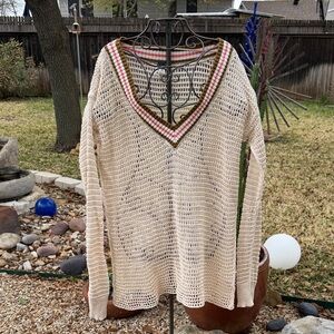 Freepeople Light Cream Open-Knit V-Neck Sweater with Striped Trim